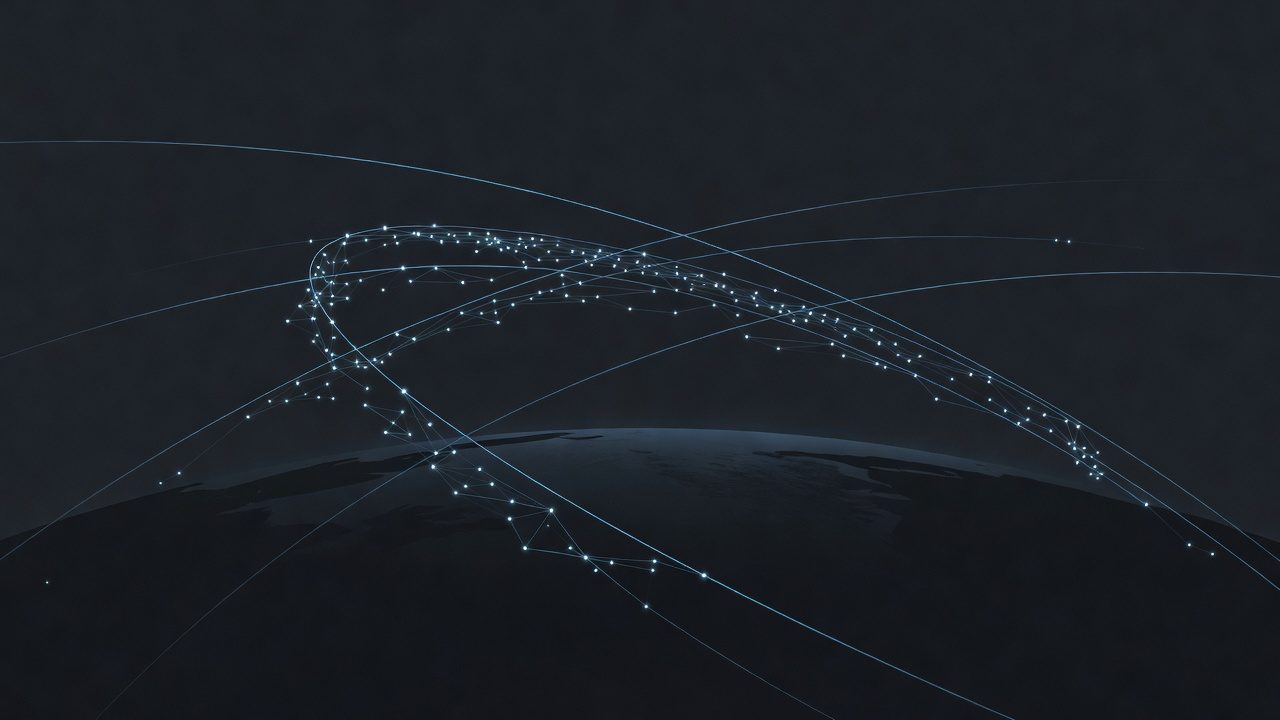 Abstract orbital mesh over a dark Pacific curve, AI-generated