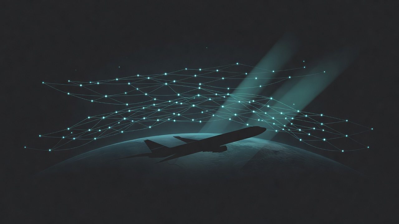 Abstract satellite mesh over a dark horizon, AI-generated