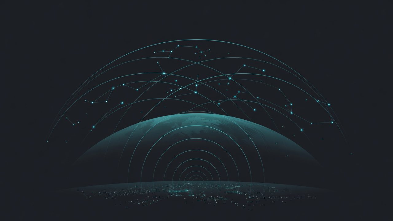 Abstract orbital mesh over a dark Earth limb, AI-generated, 2 September 2026